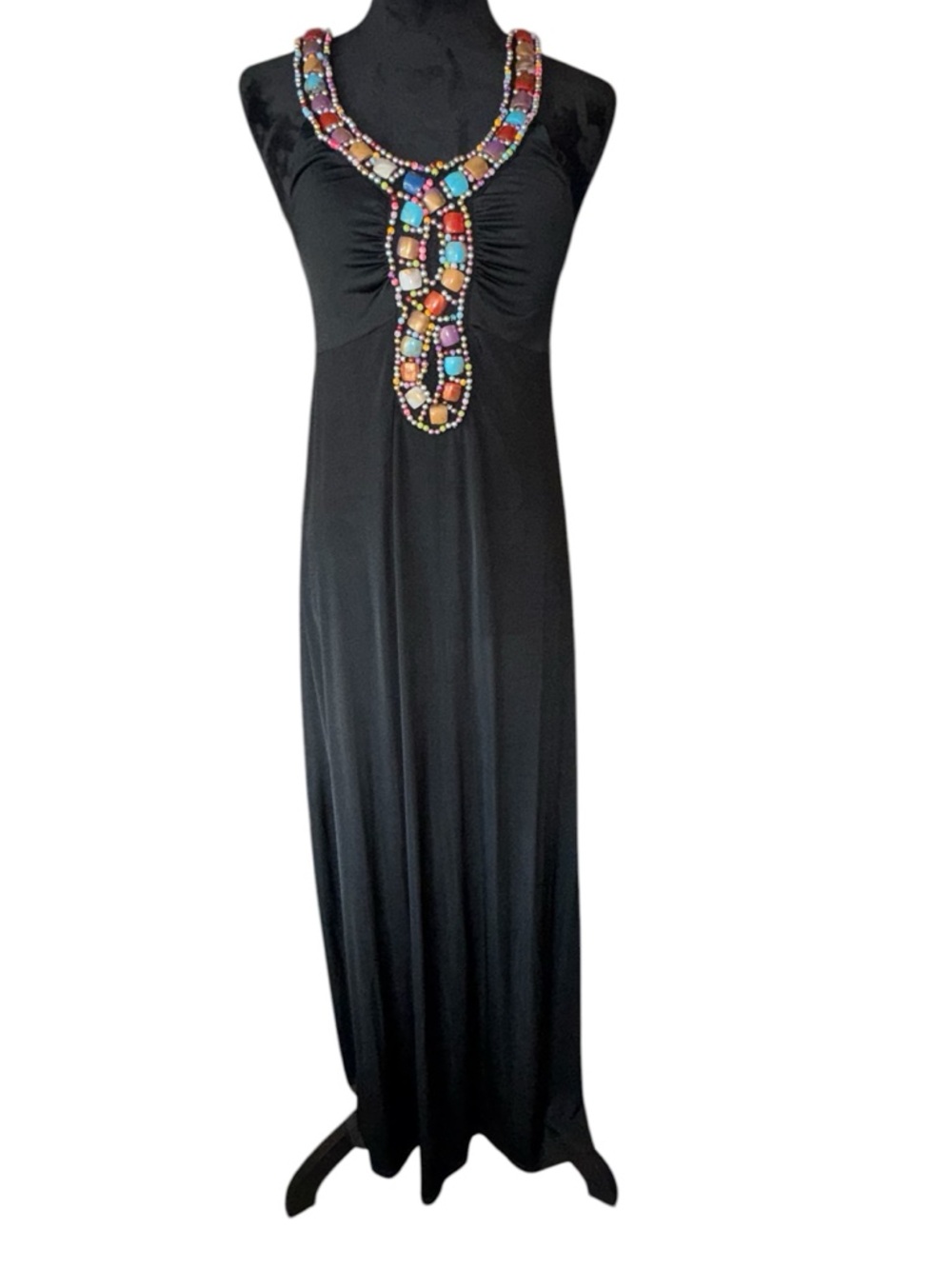 Derek Heart Black Maxi Dress with Multicolor Beaded Neckline, Size Medium
